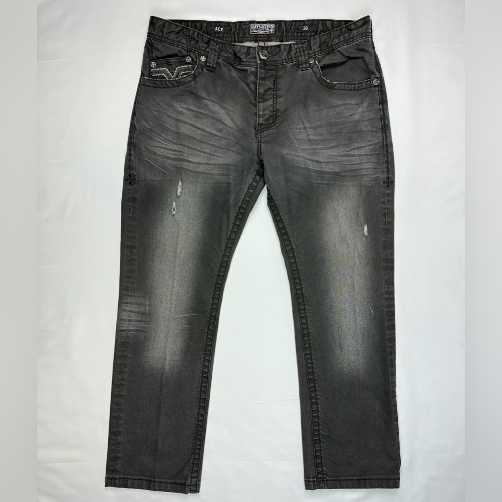 Affliction Mens Ace Jeans 36 x 30 Black/Grey Faded Embroidered Flap Pockets B5